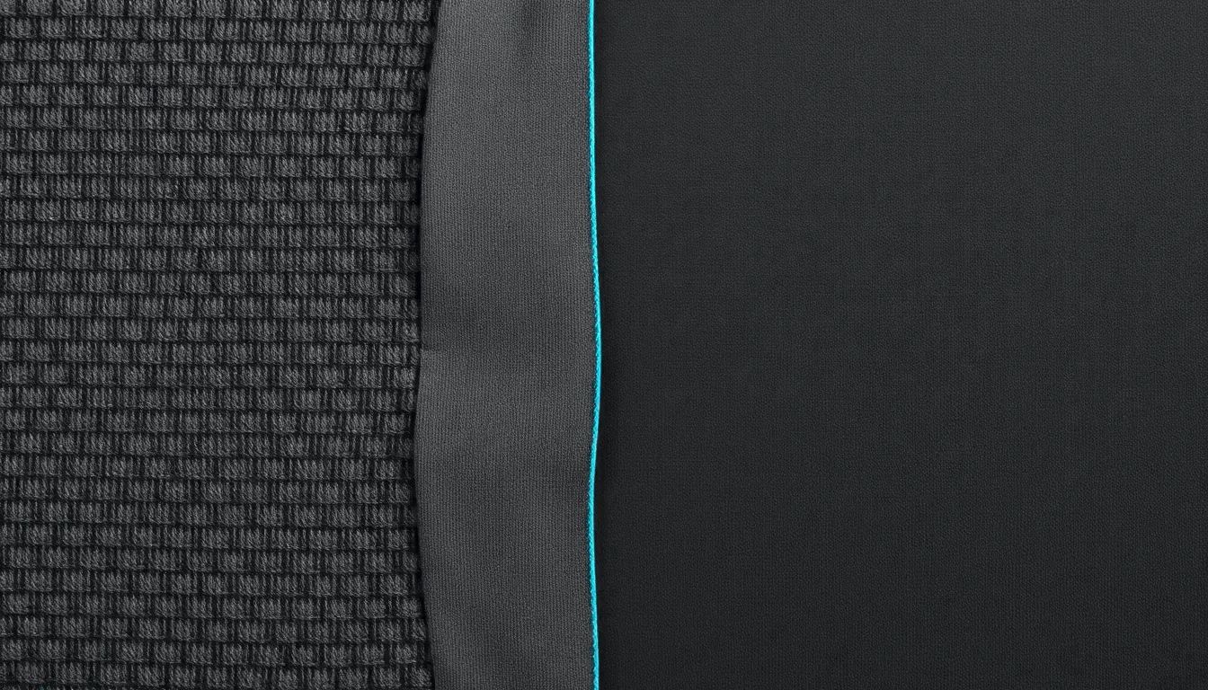 Macro detail of a technical performance garment's seam construction, where a textured knit fabric panel meets a smooth folded panel along a seam traced by a thin glowing electric-teal line, in charcoal tones.