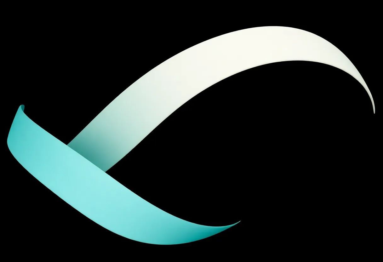 Abstract intertwining teal and ivory strands curving across an onyx background, echoing woven performance fabric