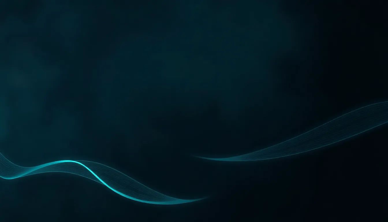 Atmospheric deep navy gradient with electric teal flowing geometric curves, fabric weave structure motif