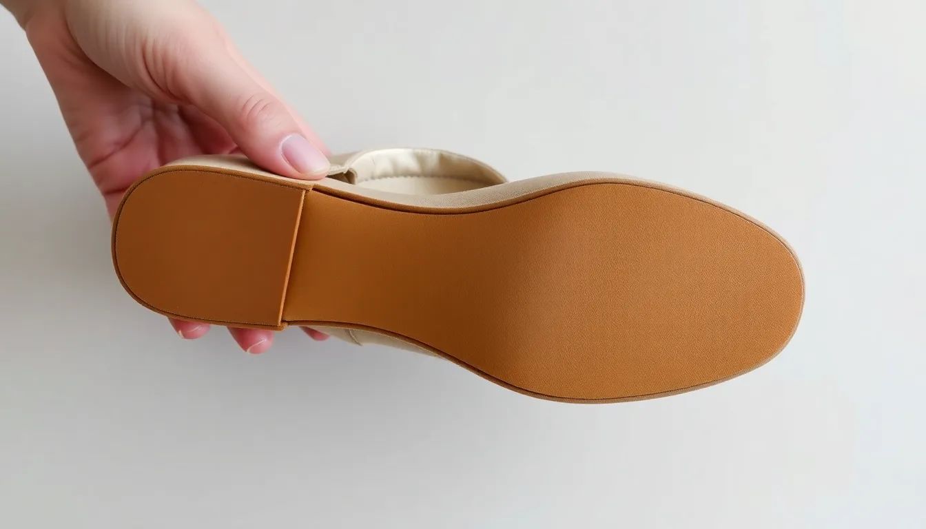 The underside of a dance shoe showing a smooth suede sole, on a light surface