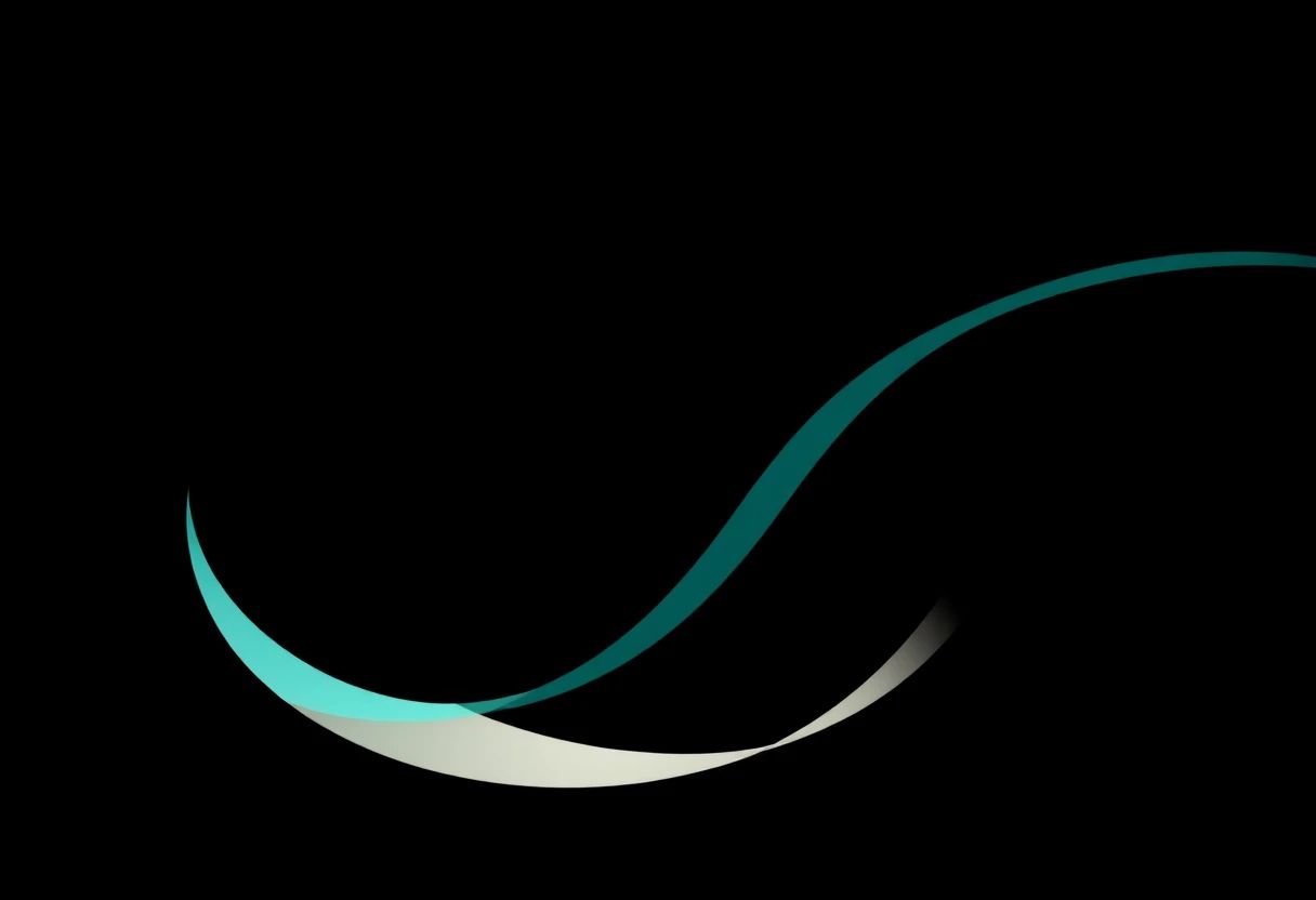 Abstract intertwining teal and ivory strands curving across an onyx background, echoing woven performance fabric channels