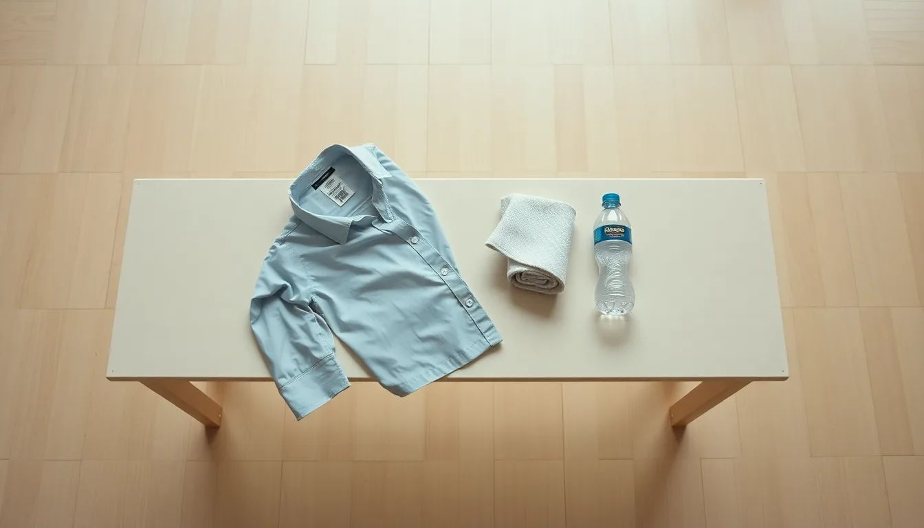 A folded spare shirt and water bottle on a bench at the edge of a dance floor