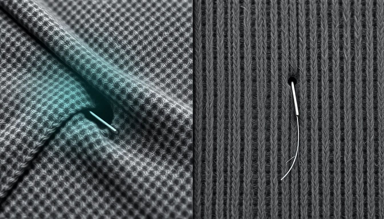 A two-panel macro comparison of a pin in knitted fabric: on the left a pin at a fold in an open waffle knit, on the right a pin pushed between the ribs of a denser knit with a single loosened thread curving away from the entry point.
