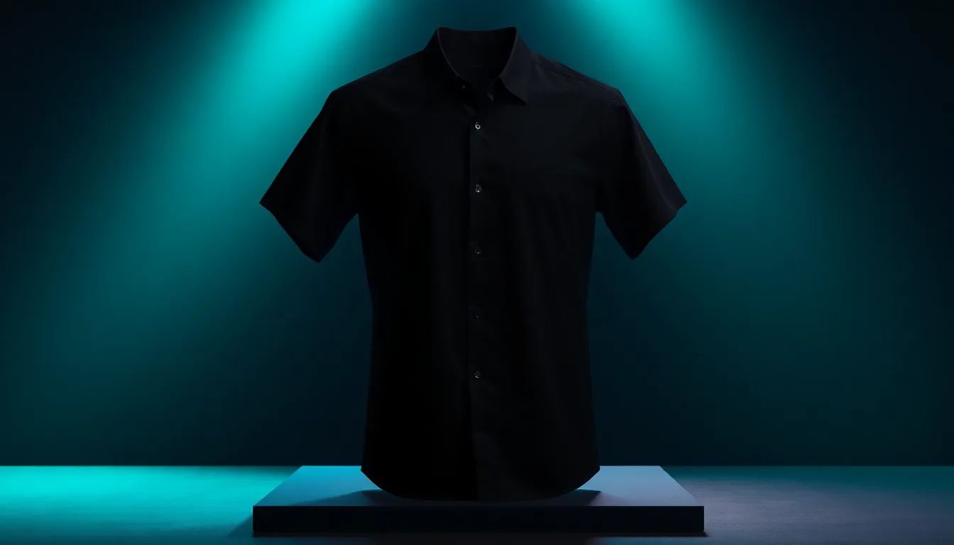 A fitted dark performance shirt styled for a night out, clean lines, moody club lighting