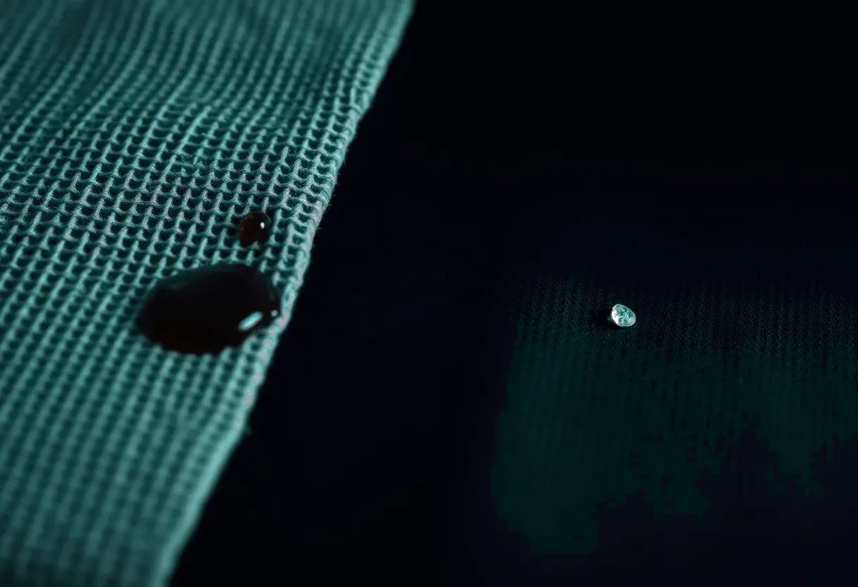 Two fabric swatches under a teal-lit macro shot: a water droplet fully absorbed into cotton fibre versus a bead of water repelled on a technical synthetic weave