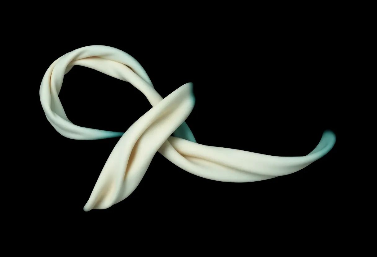 Abstract intertwining teal and ivory strands stretching and contracting across an onyx background, echoing four-way stretch fabric