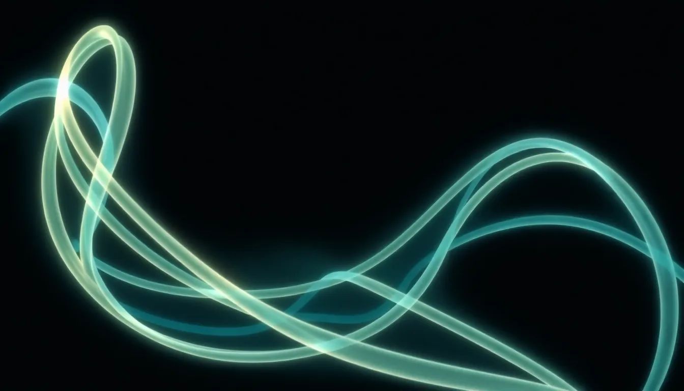 Interlaced electric teal and ivory filaments forming a helix on an onyx background