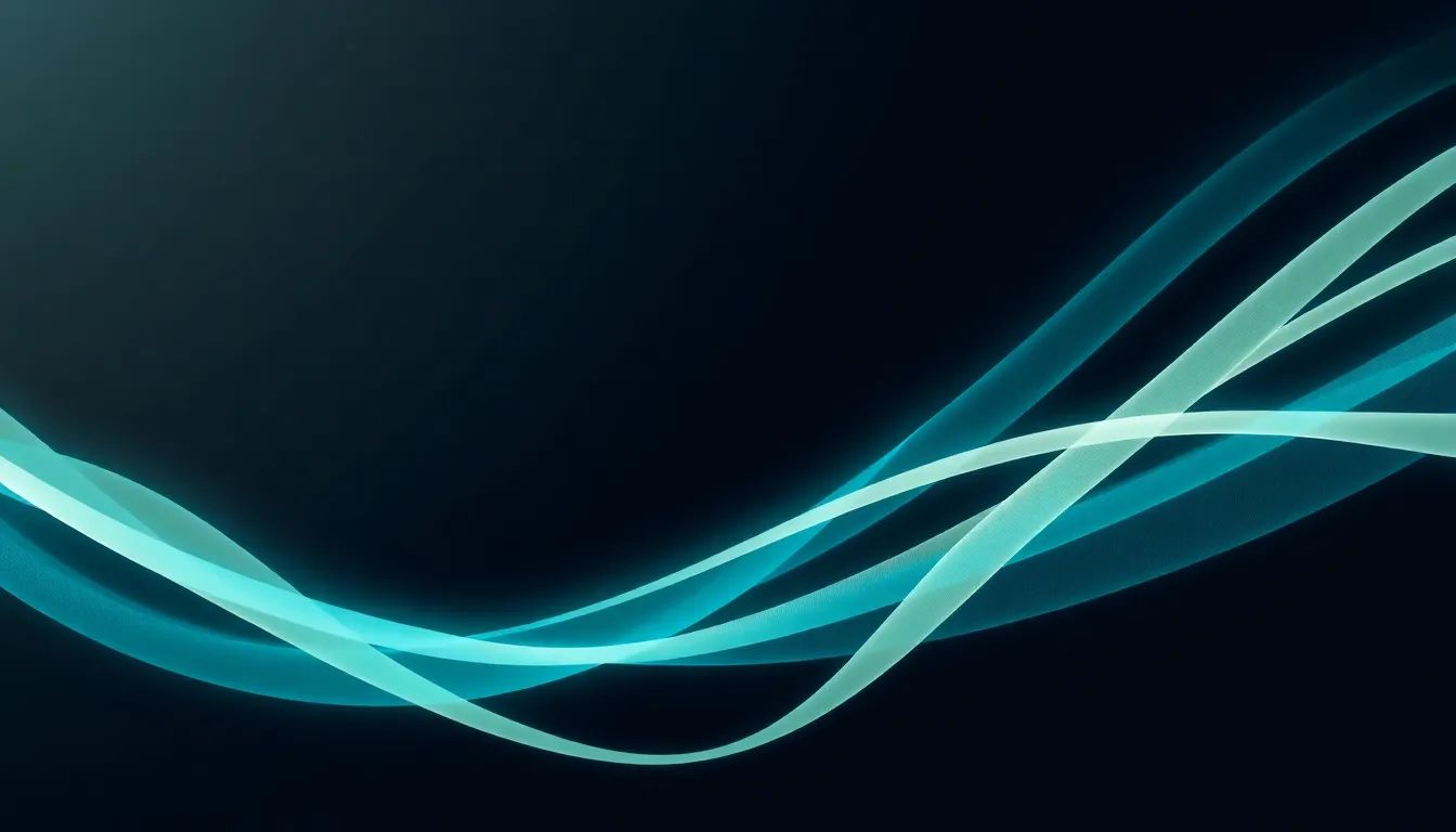 Parallel electric teal and ivory strands weaving over and under on an onyx background