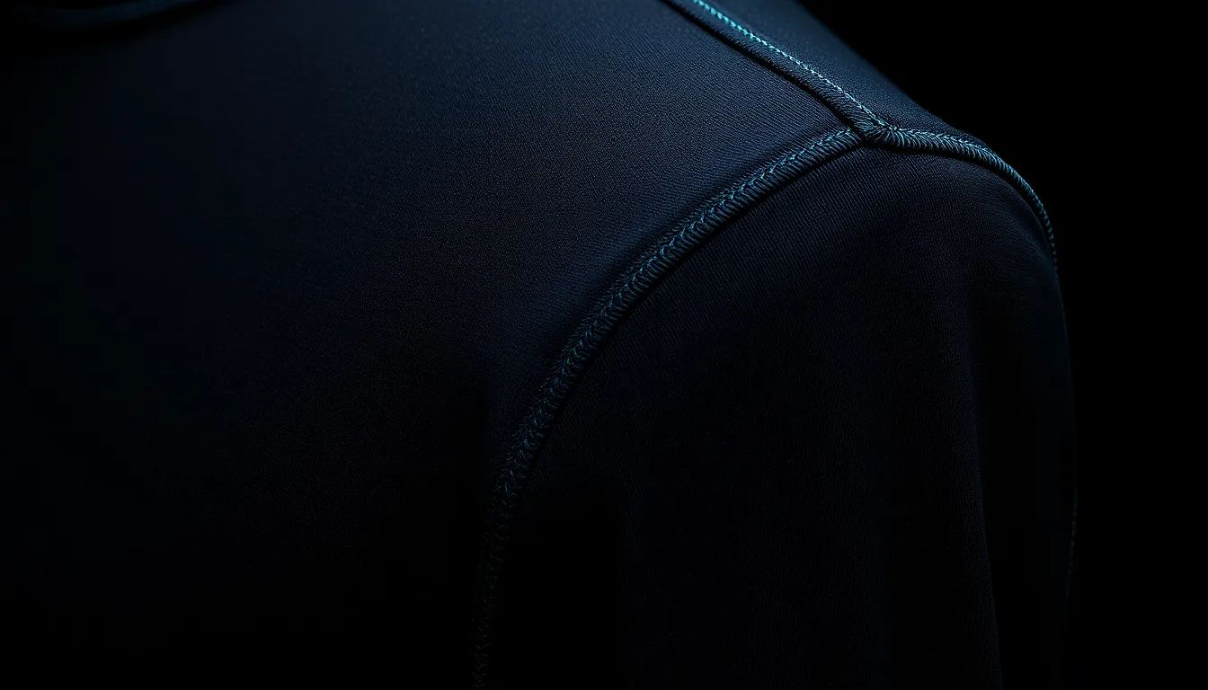 Extreme macro close-up of a garment shoulder seam on dark charcoal technical knit fabric, with the flatlock stitching glowing electric teal against the woven texture.