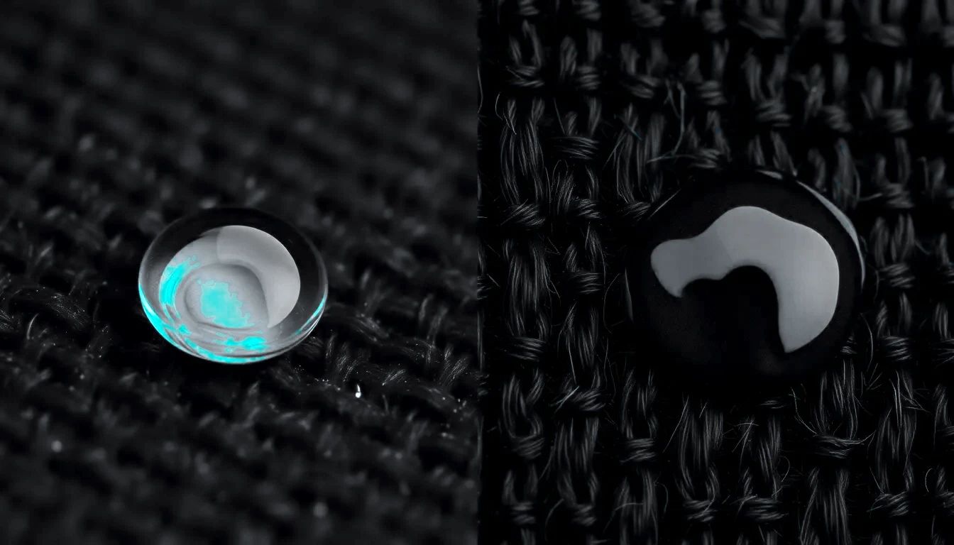 A macro two-panel comparison of a single water droplet on black fabric: on the left the droplet holds its round shape sitting on top of the weave, on the right it has spread and sunk down into the fibres.