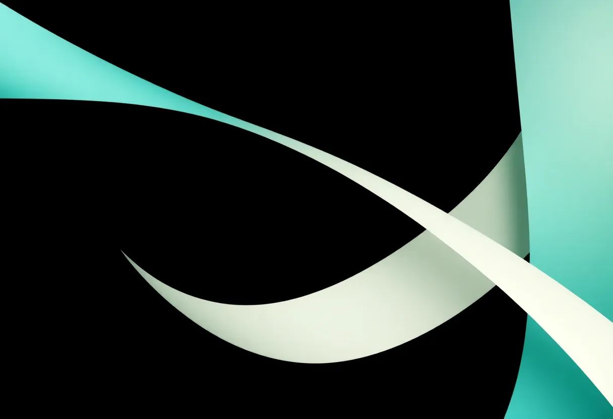Abstract intertwining teal and ivory strands curving across an onyx background, echoing woven performance fabric
