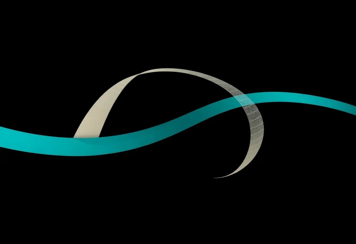 Abstract intertwining teal and ivory strands on an onyx background, overlaid with a faint warped grid suggesting fabric stretching under motion, no people