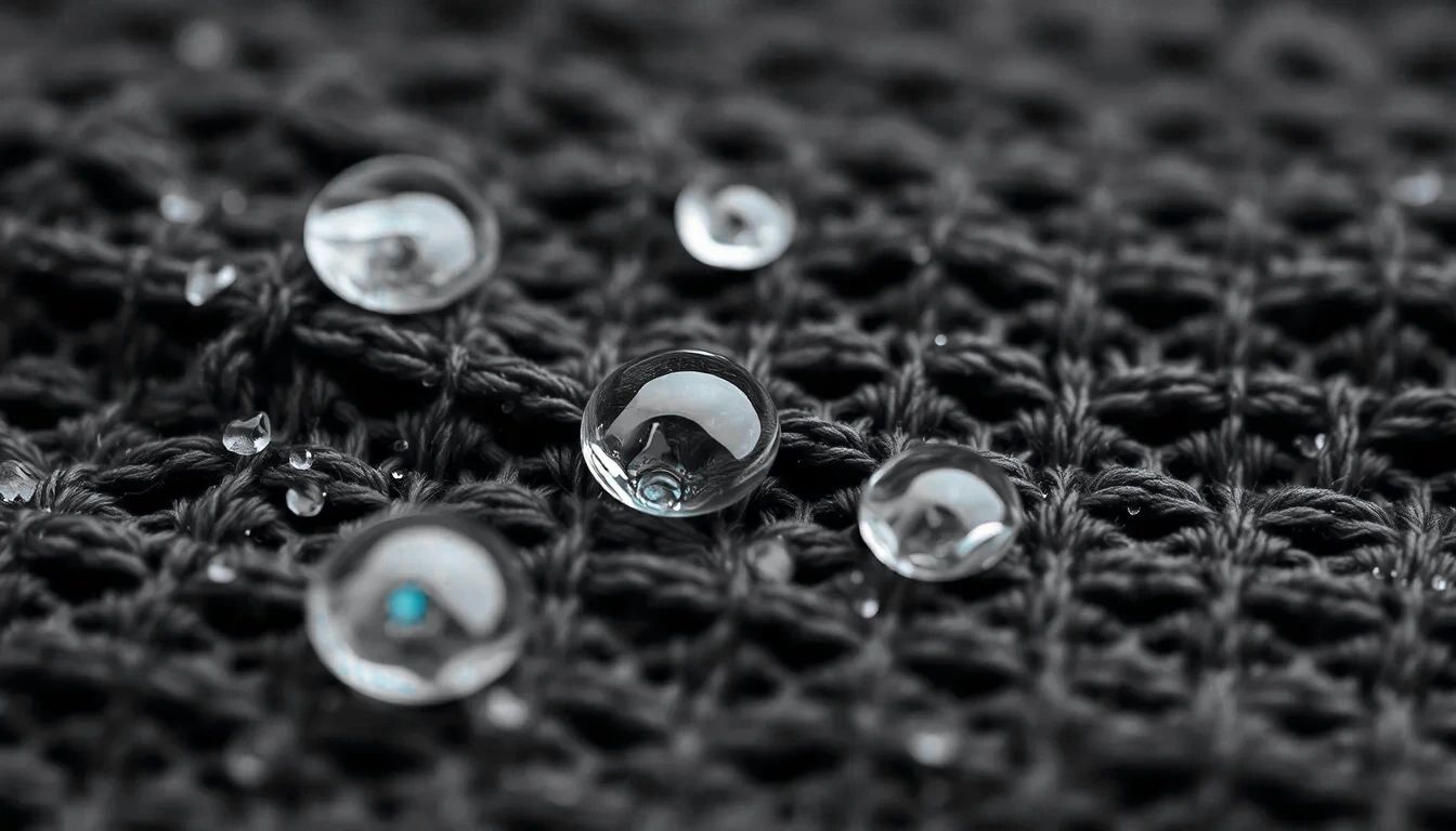 Extreme macro of a charcoal technical knit fabric with distinct water droplets beading on the surface instead of soaking in, one droplet catching a small electric-teal highlight.