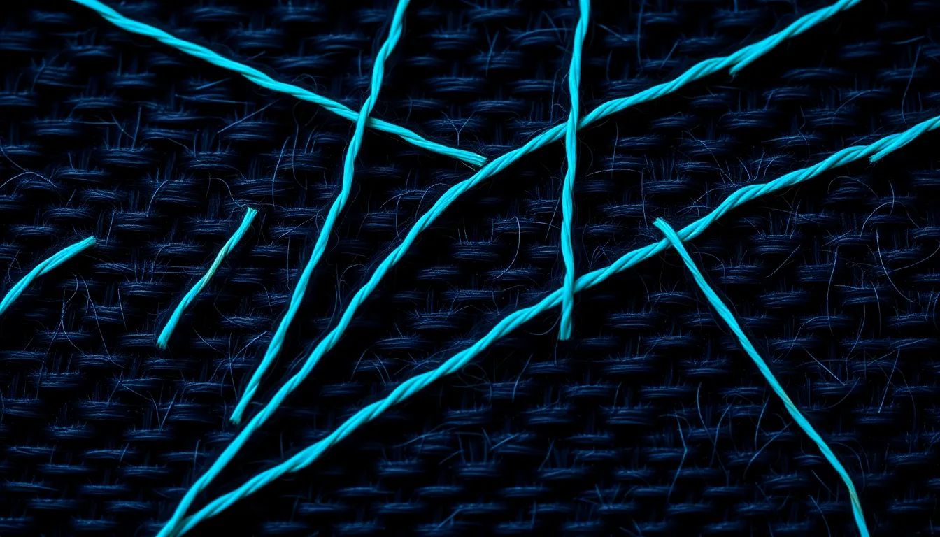 Macro of dark navy woven fabric with bright electric teal accent threads weaving through the dark base structure