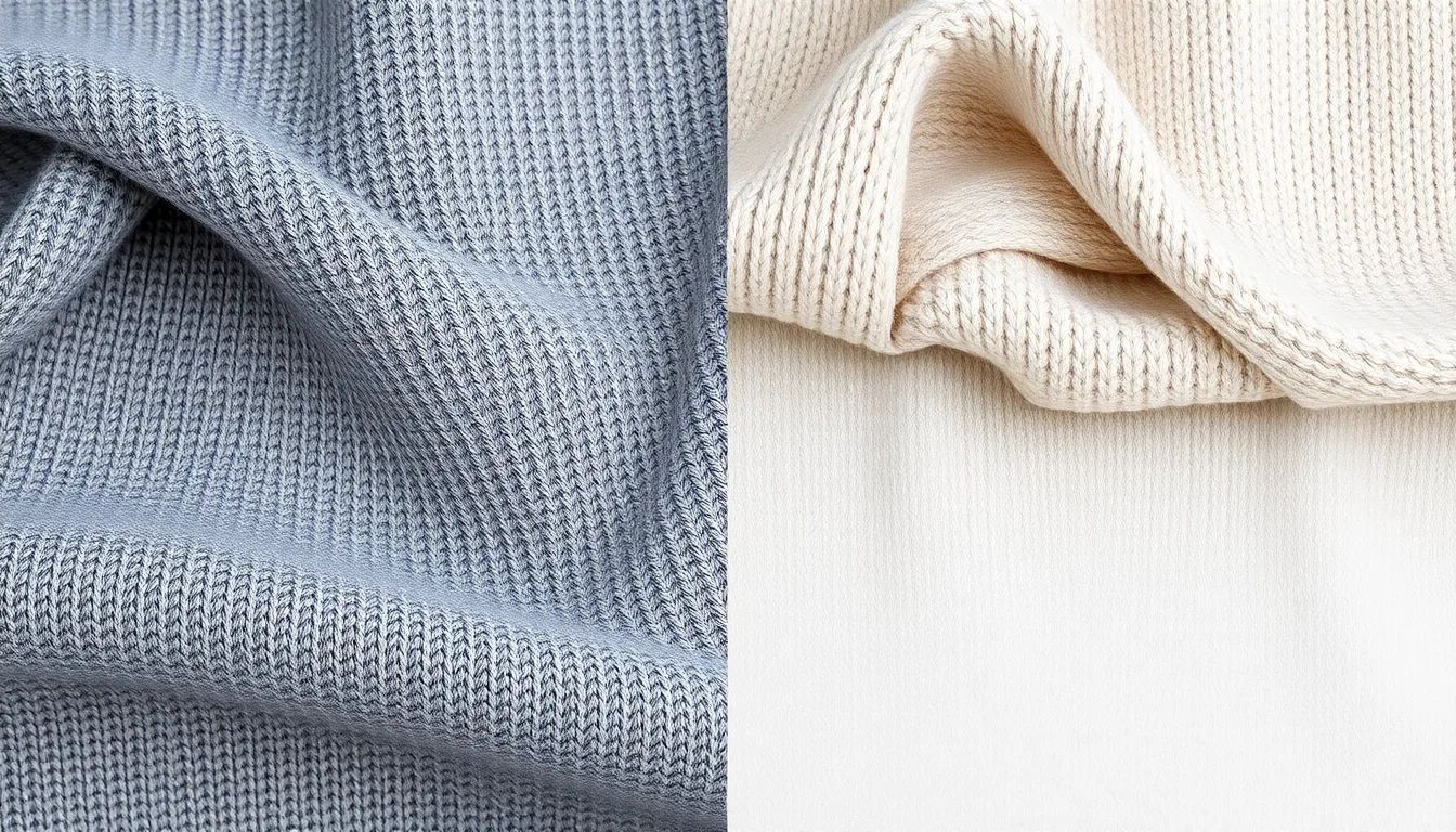 Macro comparison of a smooth synthetic knit beside a natural fibre knit on a light background