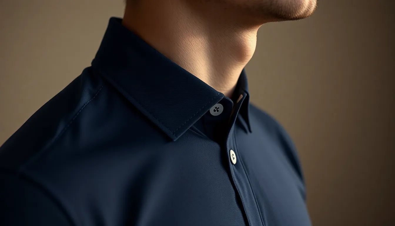 A fitted dark performance shirt detail at the shoulder, clean lines, soft low light