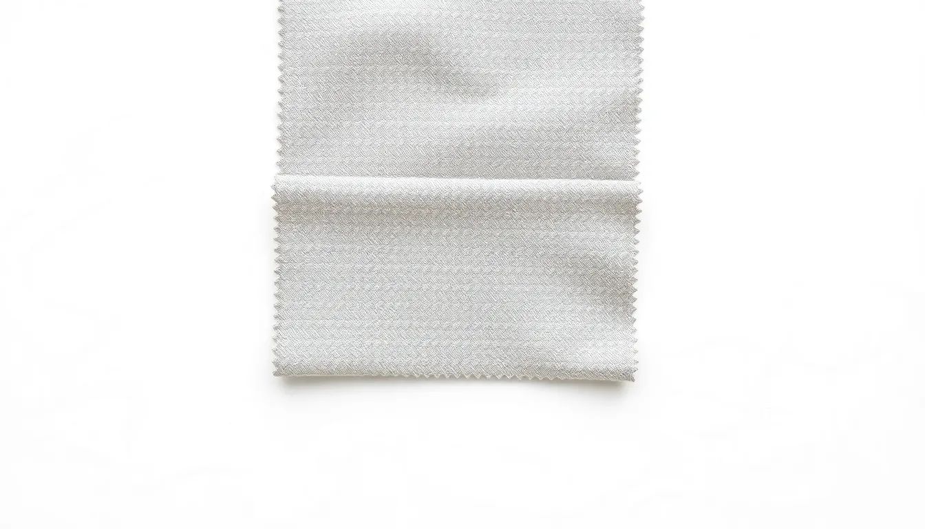 Side by side swatches of cotton, polyester, and merino fabric on a light surface
