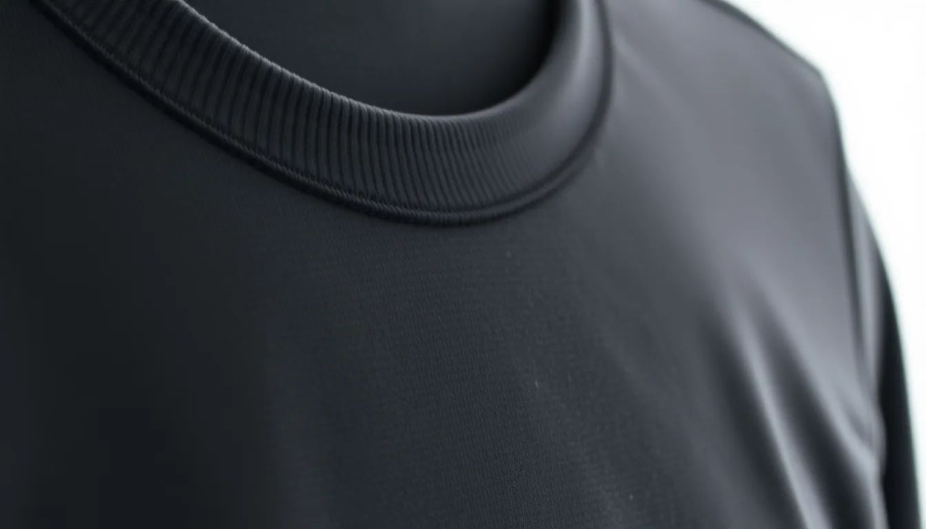 Close detail of a flatlock seam and a clean hardware-free neckline on a performance shirt