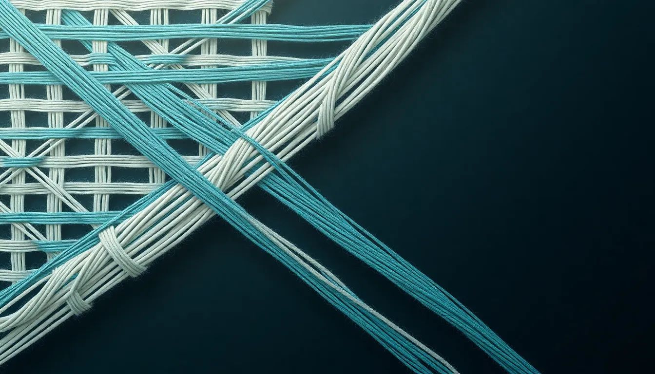 Woven lattice of electric teal and ivory threads on an onyx background