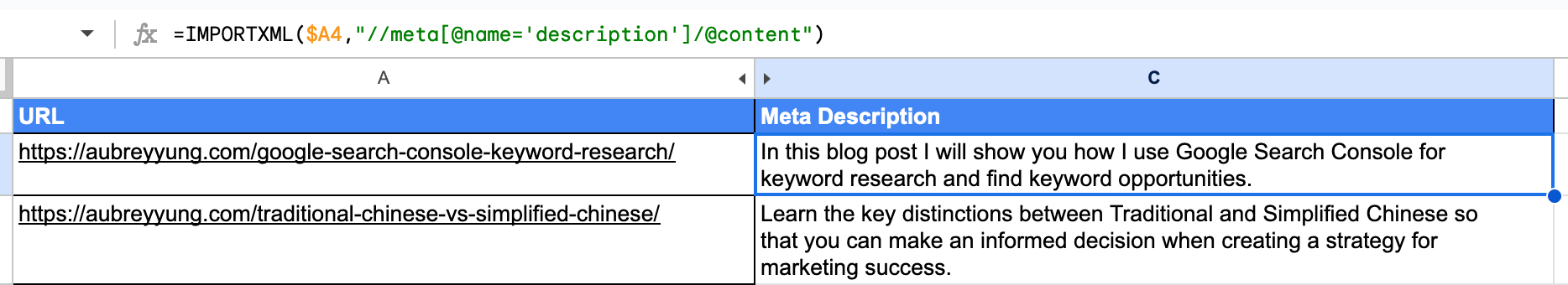 Use IMPORTXML to extract meta description