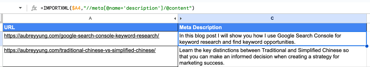 Use IMPORTXML to extract meta description