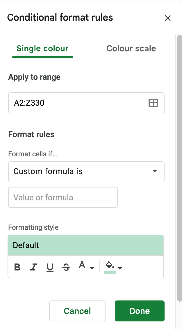 Choose “Custom formula is”