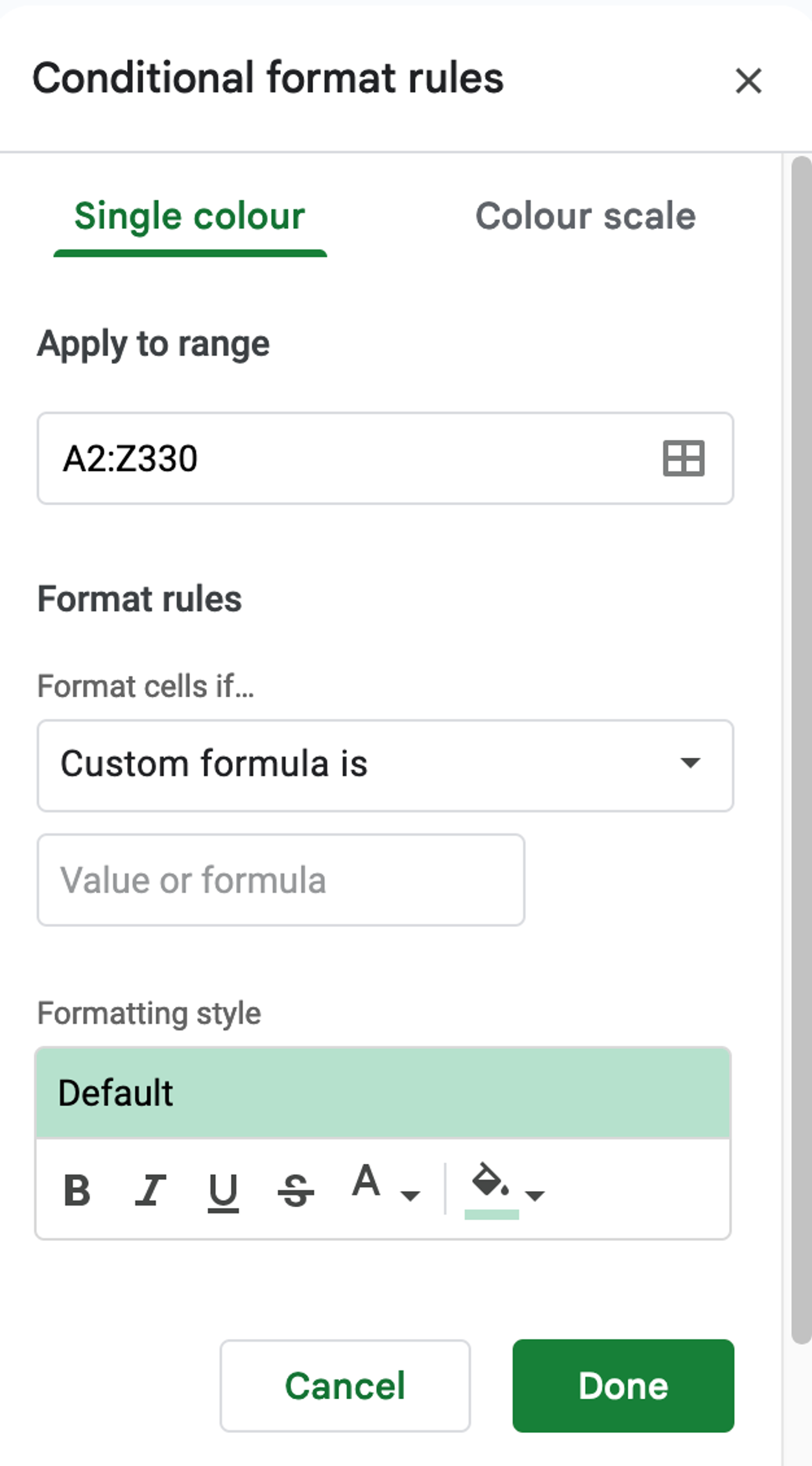 Choose “Custom formula is”
