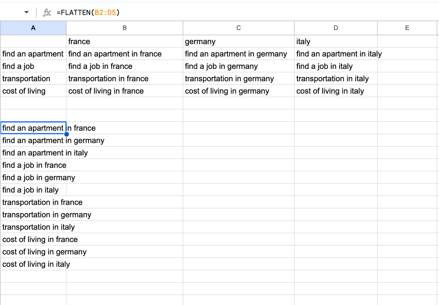 Use Flatten in Google Sheets - keyword