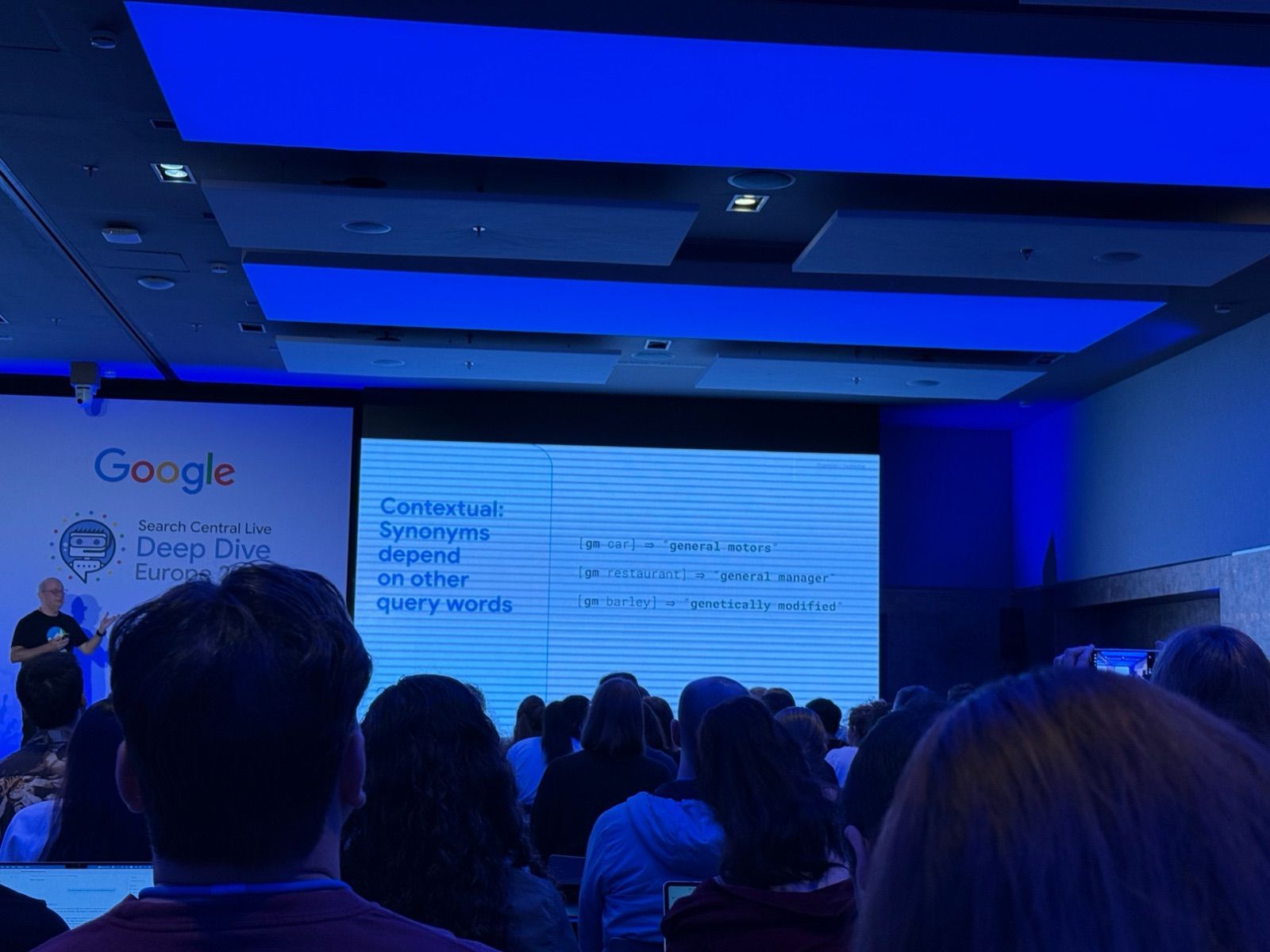 Google slide titled Contextual: Synonyms depend on other query words, with three gm examples
