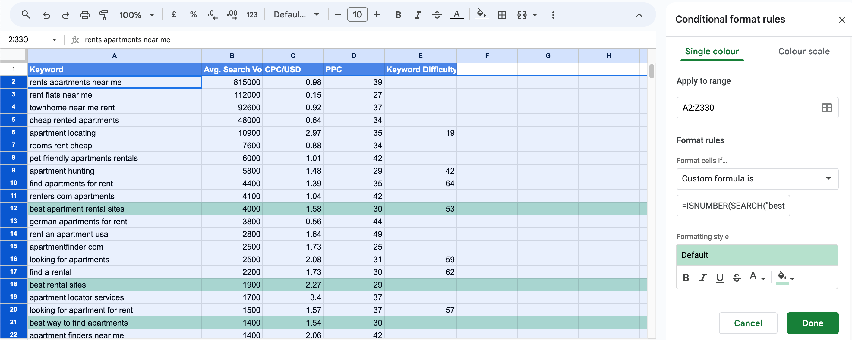 Use ISNUMBER SEARCH for conditiona formatting