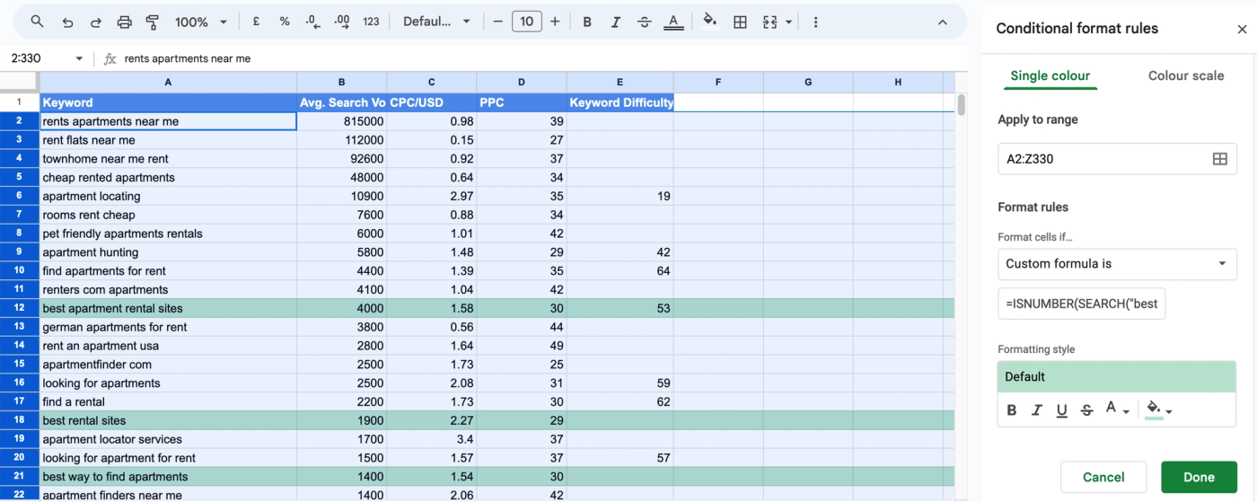 Use ISNUMBER SEARCH for conditiona formatting