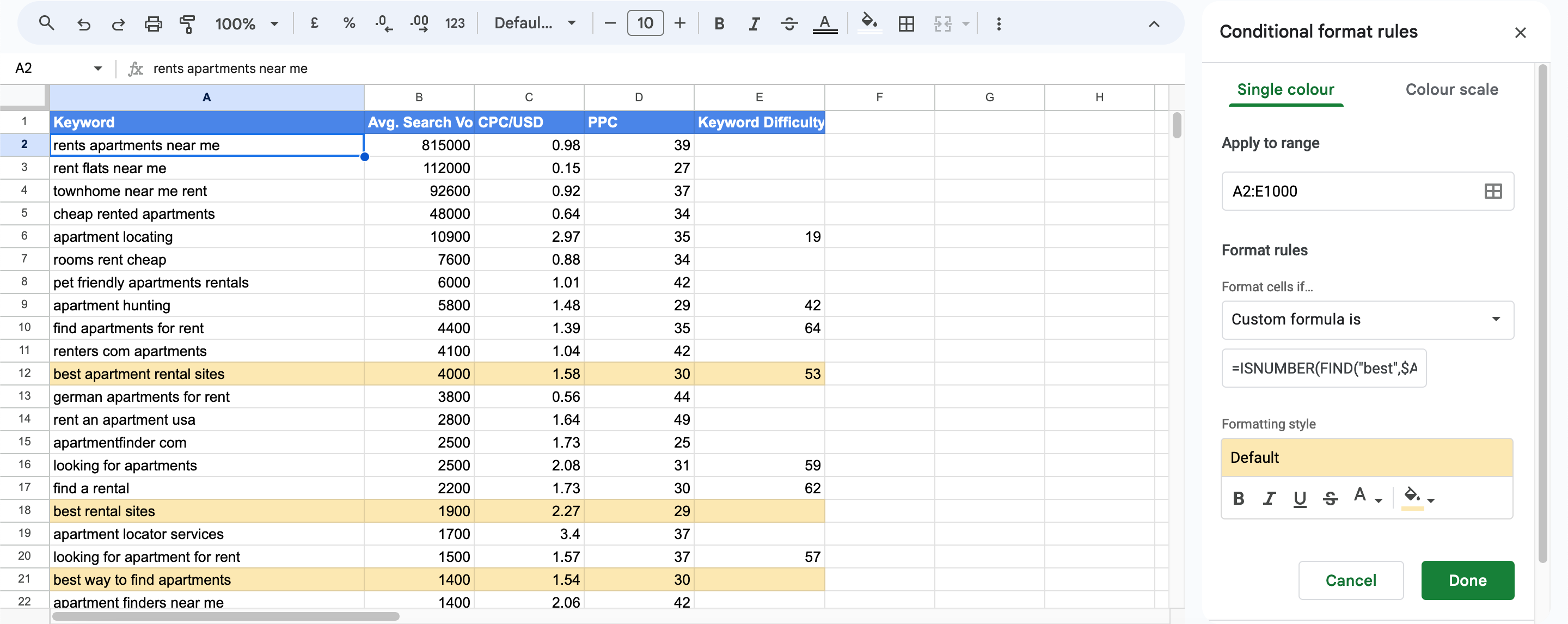 Use ISNUMBER SEARCH in GOogle Sheets