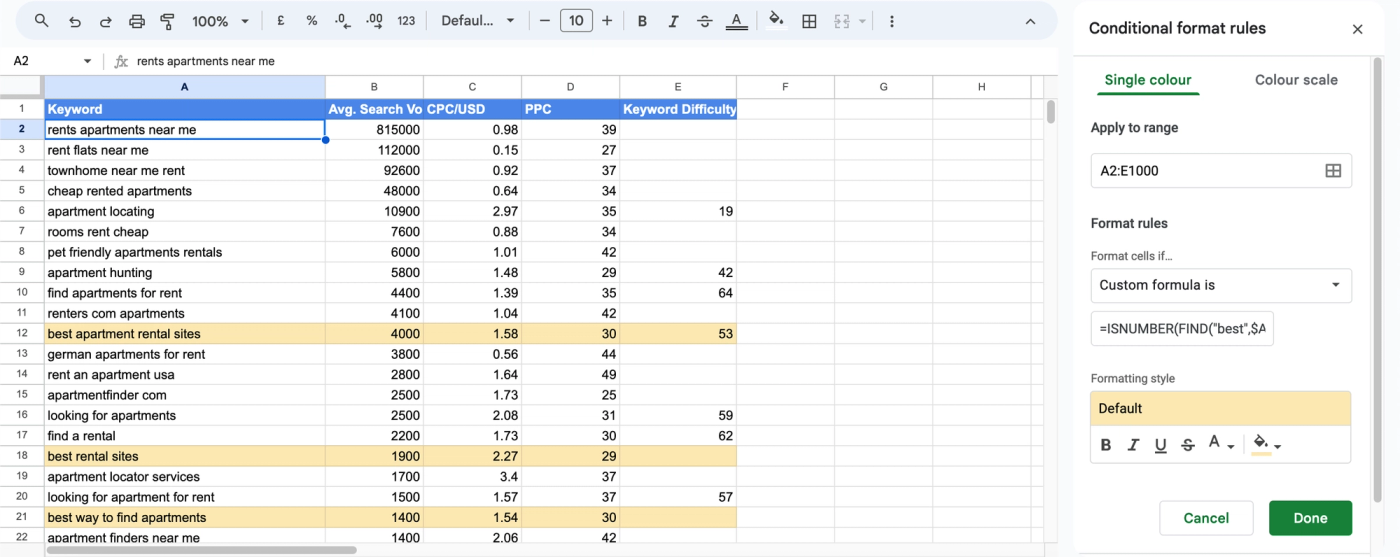 Use ISNUMBER SEARCH in GOogle Sheets