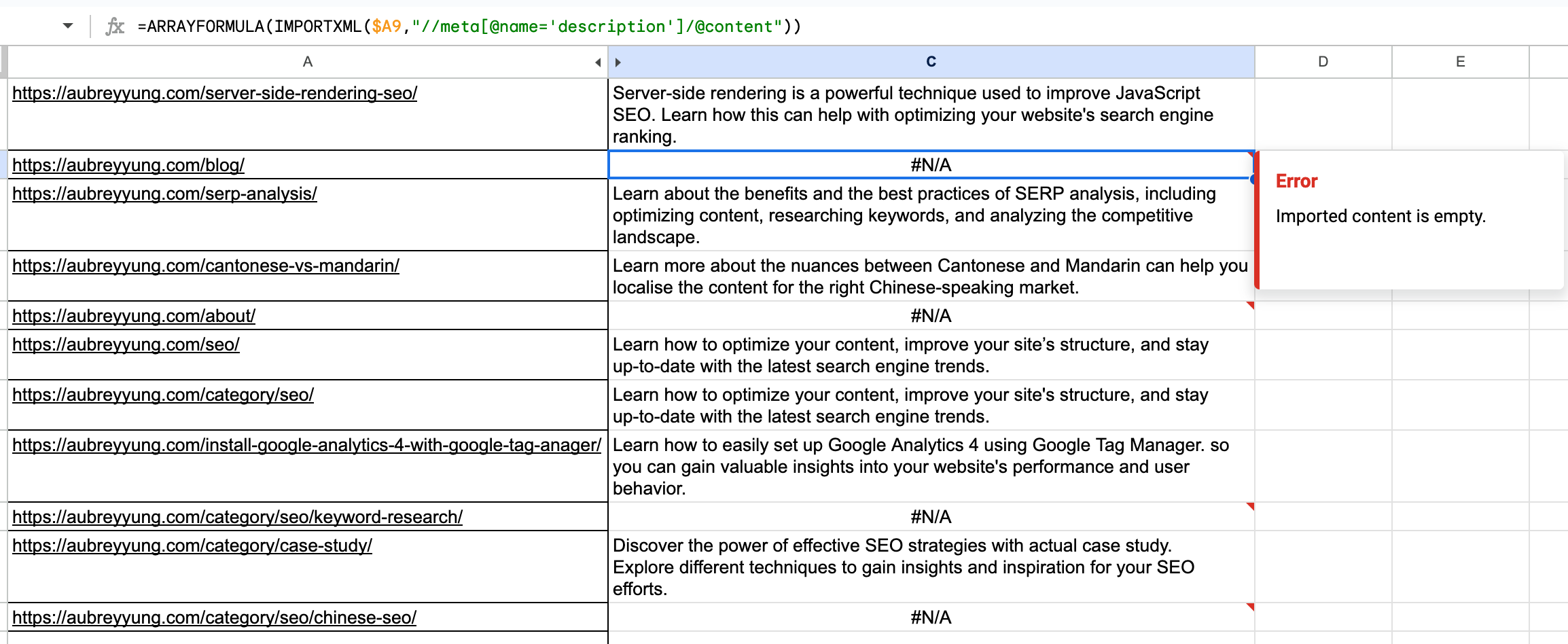 Error message in Google Sheets