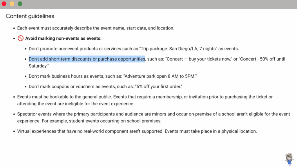 Google Event schema content guideline screenshot