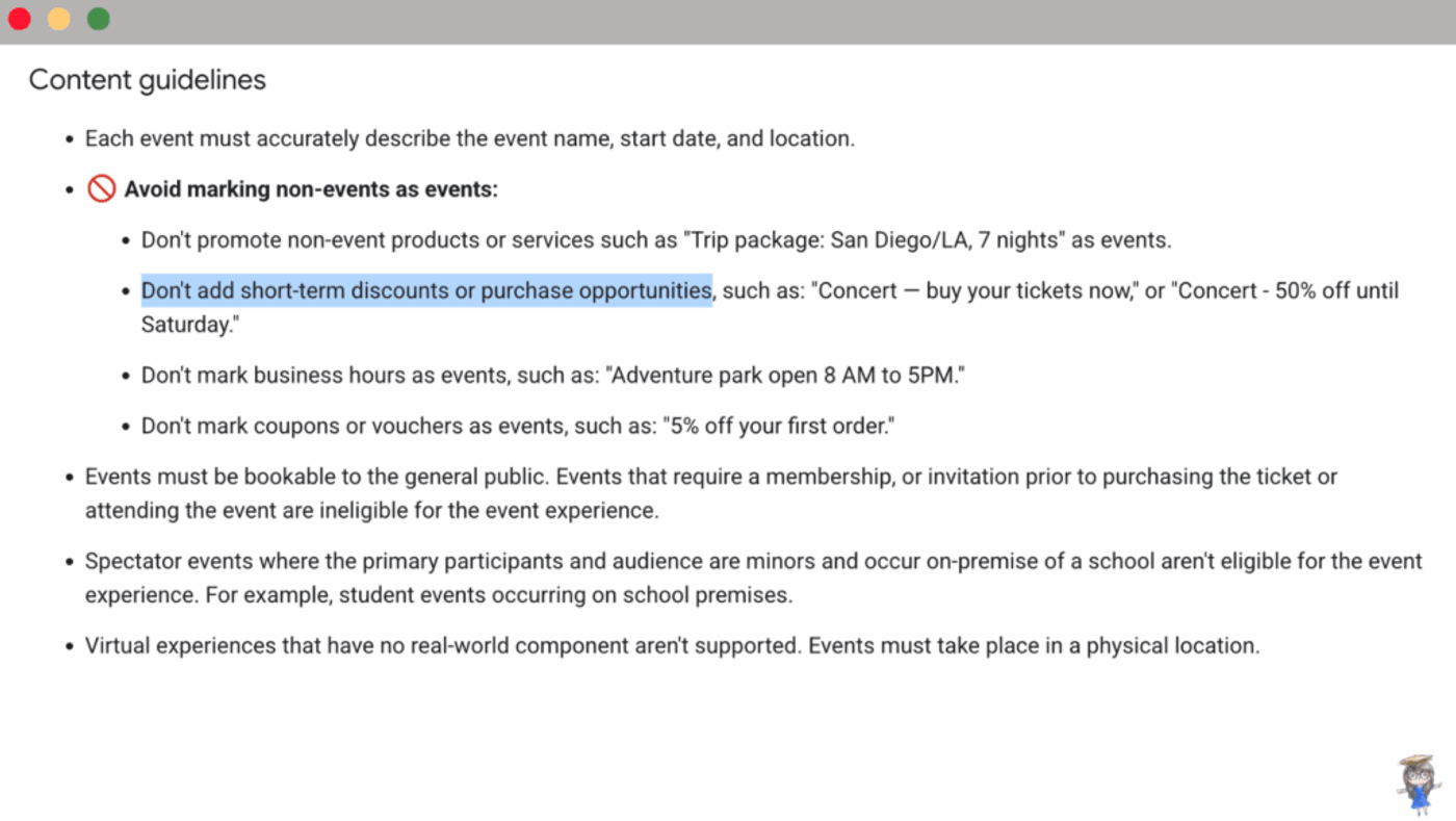 Google Event schema content guideline screenshot