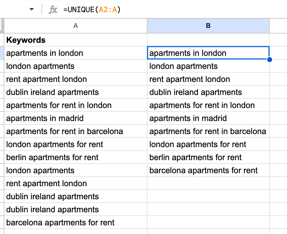 Use UNIQUE in Google Sheets