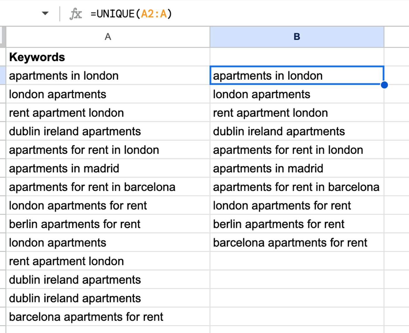 Use UNIQUE in Google Sheets