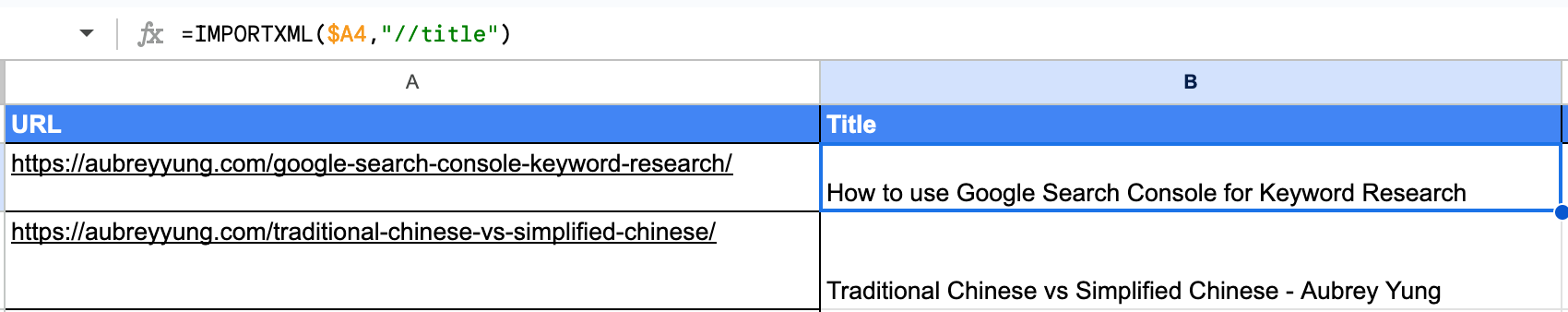Use IMPORTXML to extract page title