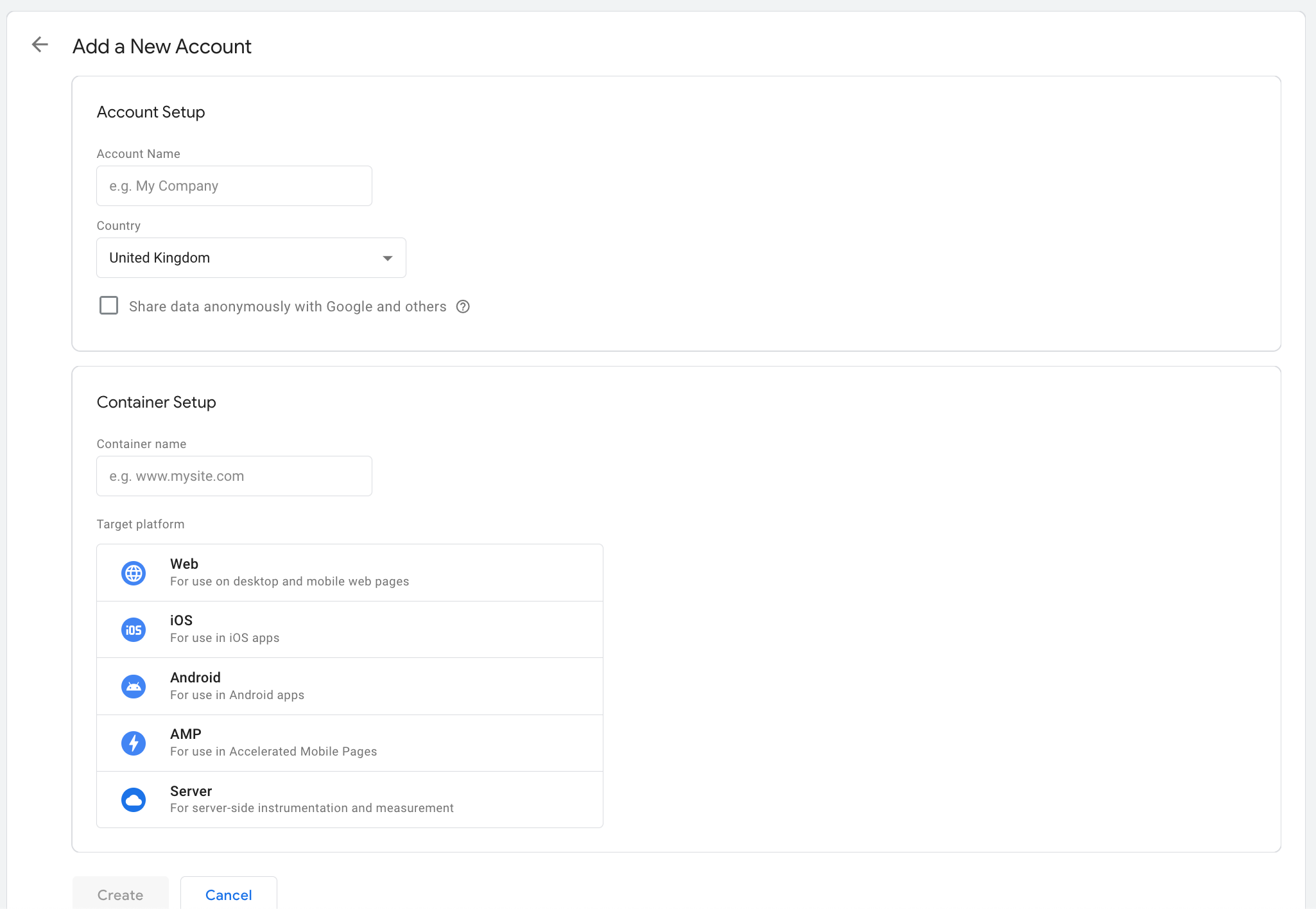 Create account in Google Tag Manager