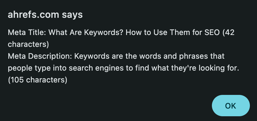 Meta title and description in a pop-up