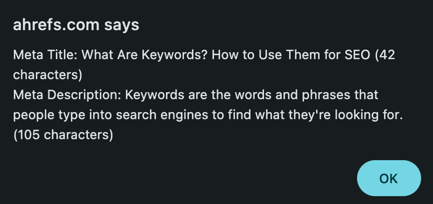 Meta title and description in a pop-up