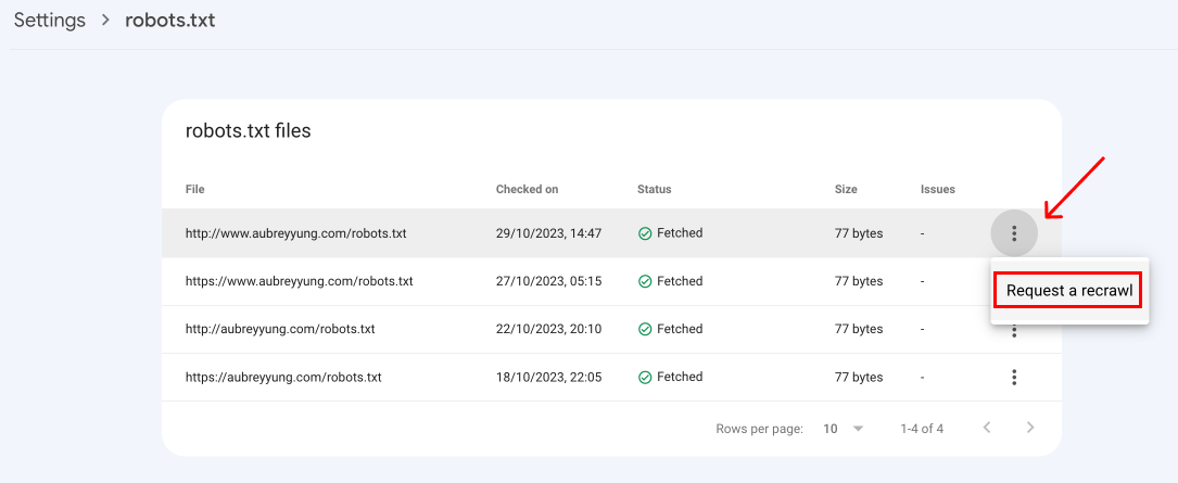 Request a recrawl in robots.txt report