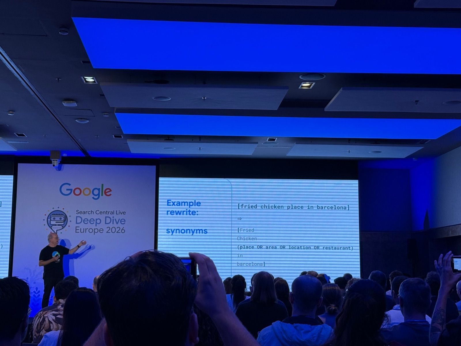 Google slide showing an example query rewrite where place is expanded to place OR area OR location OR restaurant