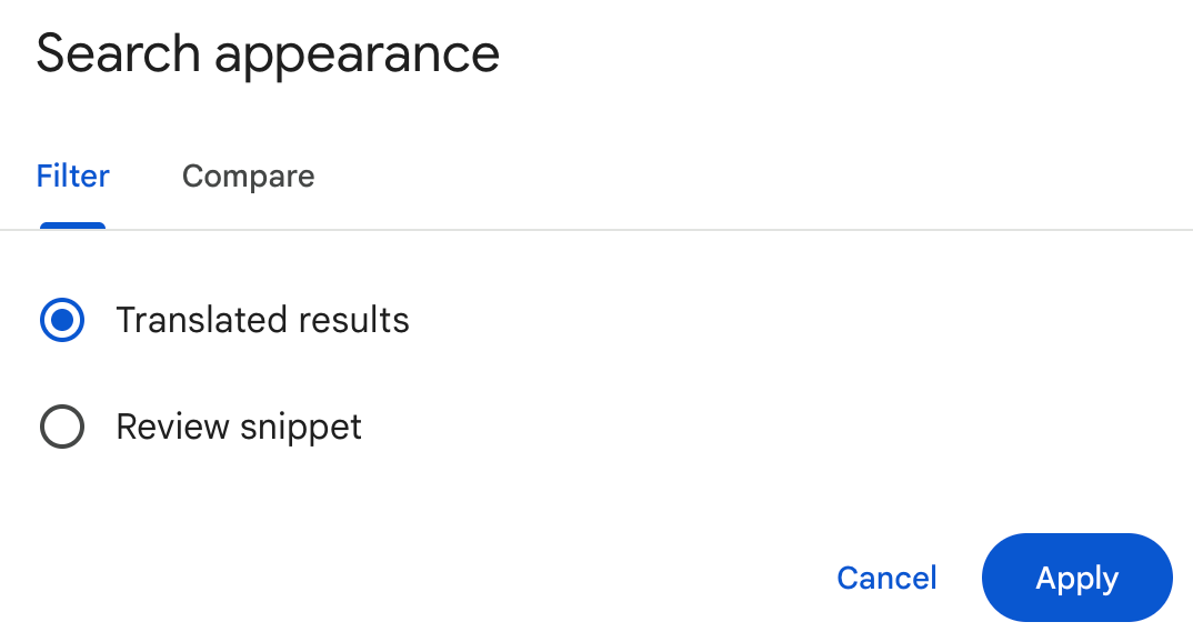 Search appearance filter in Google Search Console