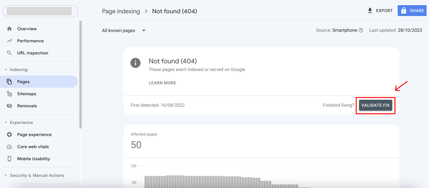 Validate 404 fix in Google Search Console