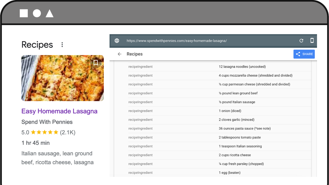 Recipe schema markup and rich results