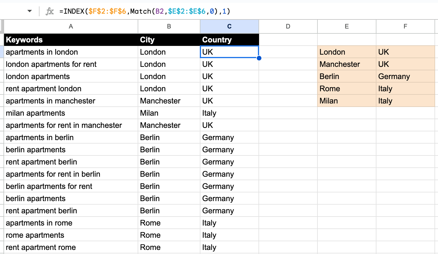 Use INDEX MATCH in Google Sheets