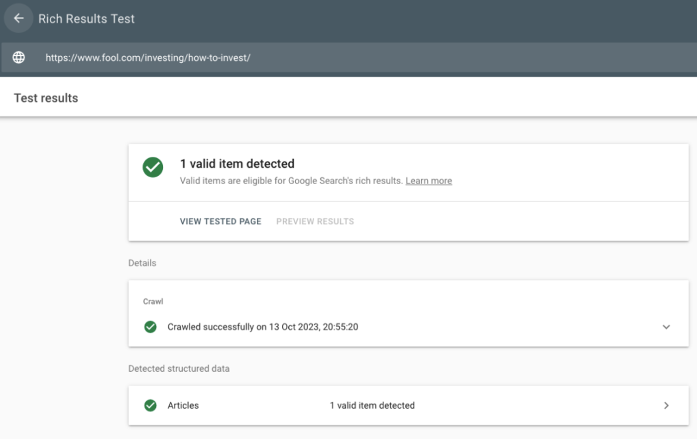 Google Rich Results Test example