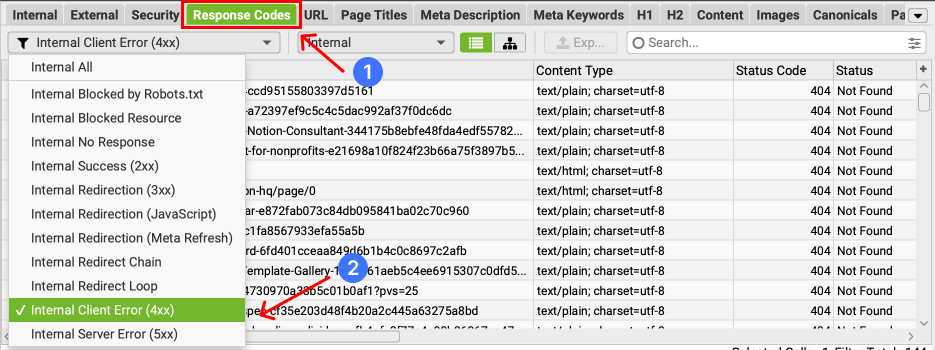 Filter for Client Errors in Screaming Frog